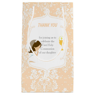 First Communion Brunette Hair Girl Thank You Small Gift Bag