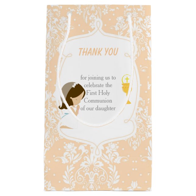 First Communion Brunette Hair Girl Thank You Small Gift Bag (Front)