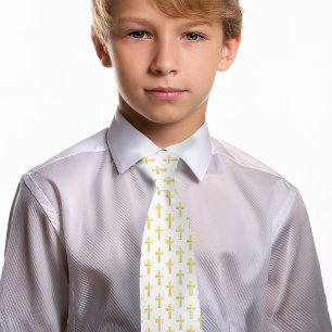 First Communion Catholic Cross Faux Gold Pattern  Tie