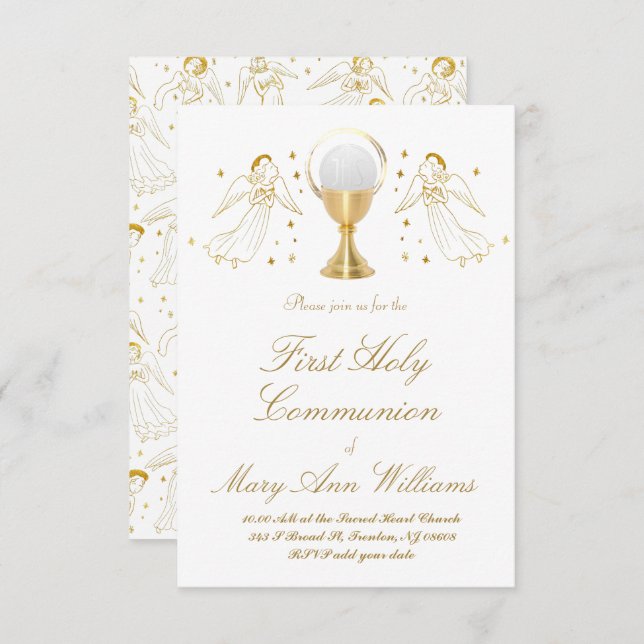 First Communion catholic girl golden angels design Invitation (Front/Back)