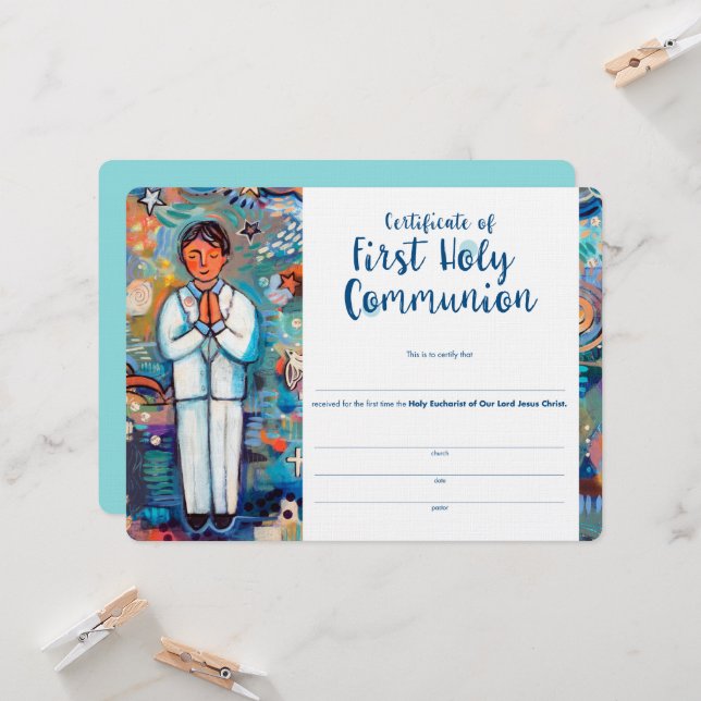 First Communion Certificate for Catholic Boy Card (Front/Back In Situ)