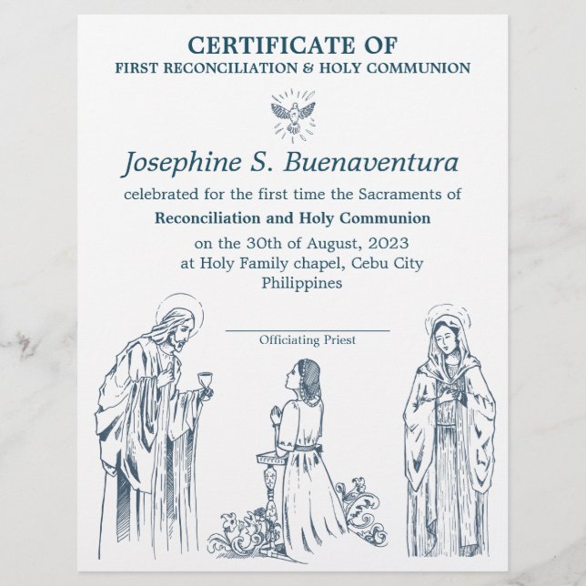 First Communion Certificate for girls Custom Letterhead (Front)