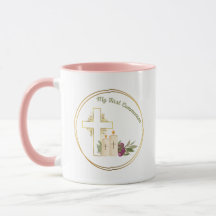 First Communion Coffee Mug, White and Pink 