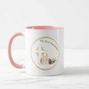 First Communion Coffee Mug, White and Pink  Mug