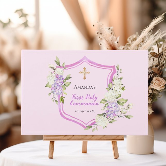 First Communion crest pink purple flowers girl Guest Book (Creator Uploaded)