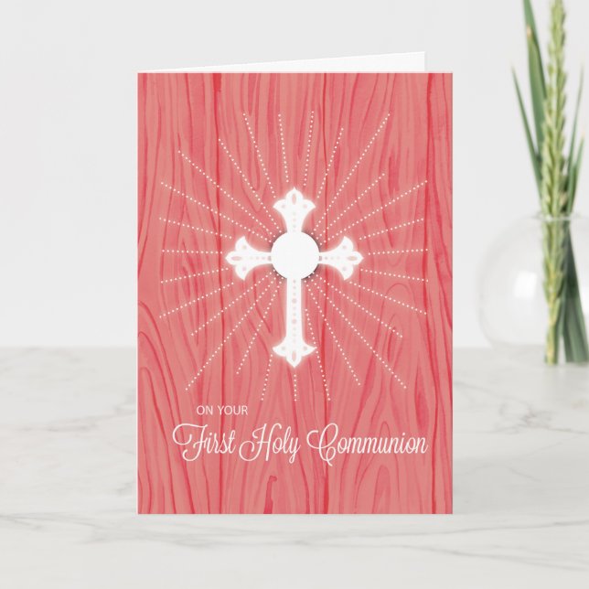 First Communion Cross and Rays on Pink Wood Card (Front)