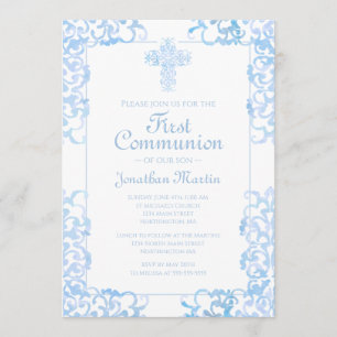 First Communion Cross Blue Damask Christian Boy Invitation