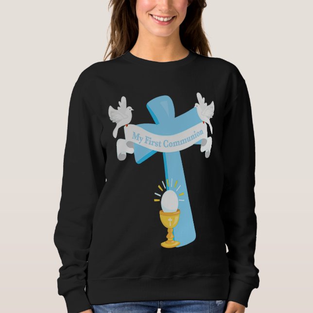 First Communion Cross Blue Grandson Boys Christian Sweatshirt (Front)