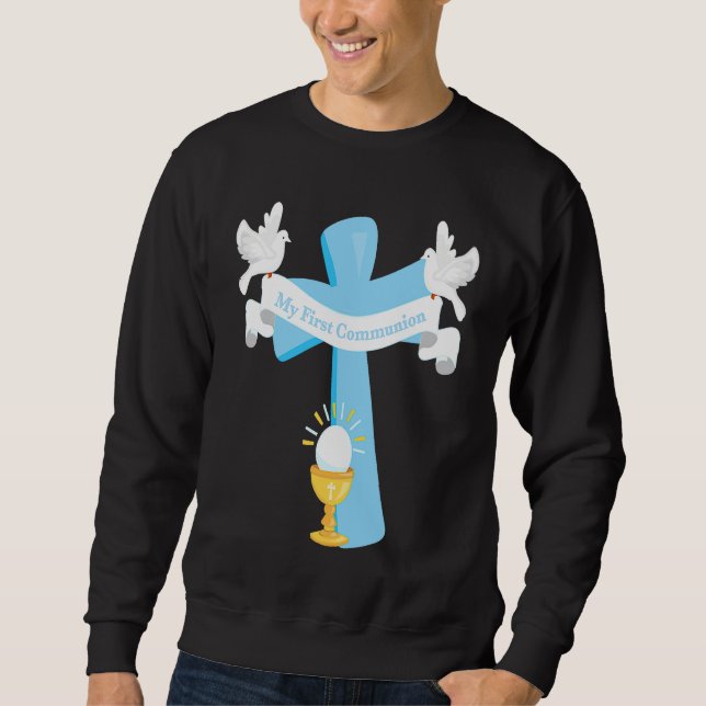 First Communion Cross Blue Grandson Boys Christian Sweatshirt (Front)