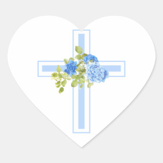 First Communion Cross Blue Roses Floral Heart Sticker