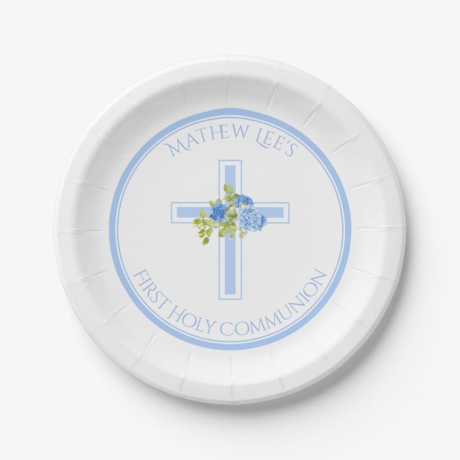First Communion Cross Blue Roses Monogrammed Name Paper Plate (Front)