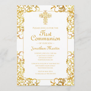First Communion Cross Gold Damask Christian Boy Invitation