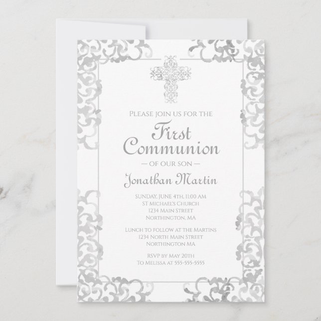 First Communion Cross Grey Damask Christian Boy Invitation (Front)