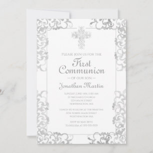 First Communion Cross Grey Damask Christian Boy Invitation