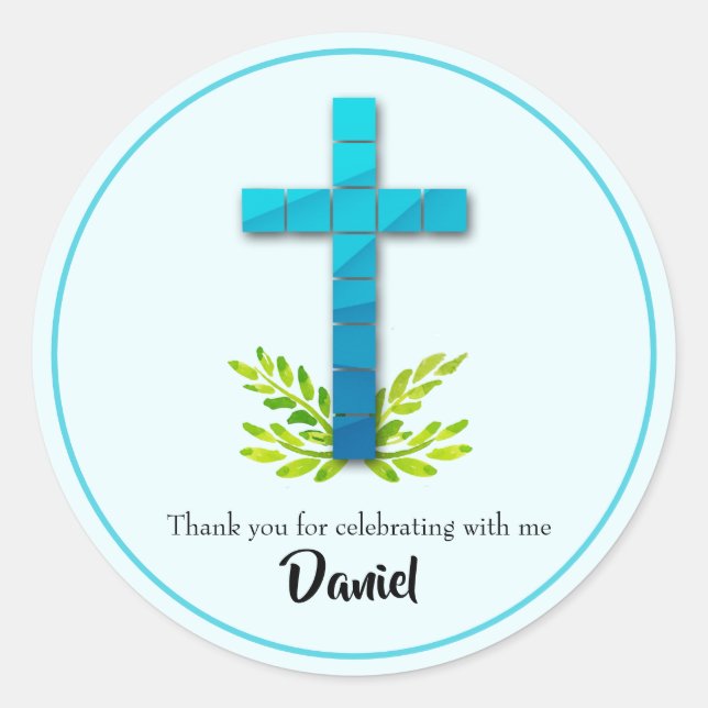 First Communion Cross on Blue Classic Round Sticker (Front)