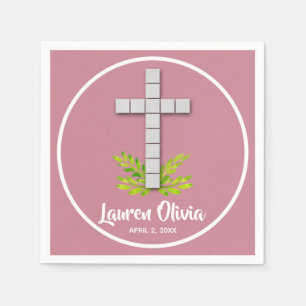 First Communion Cross on Dusty Pink Napkin