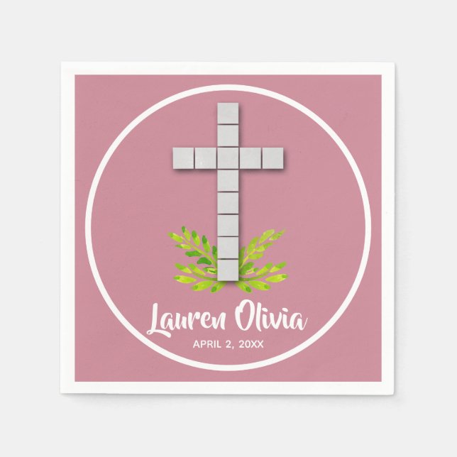 First Communion Cross on Dusty Pink Napkin (Front)