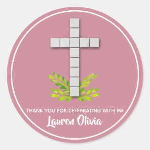 First Communion Cross on Dusty Rose Classic Round Sticker