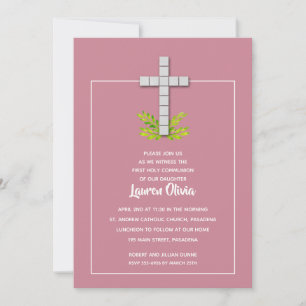 First Communion Cross on Dusty Rose Invitations