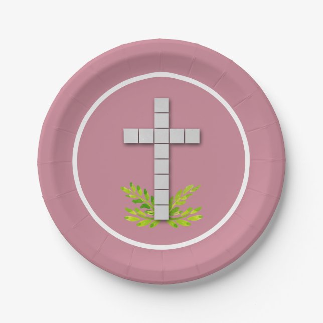 First Communion Cross on Dusty Rose Paper Plate (Front)