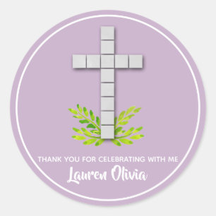 First Communion Cross on Lavender Classic Round Sticker