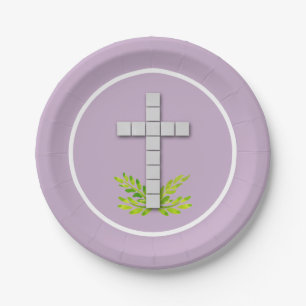 First Communion Cross on Lavender Paper Plate