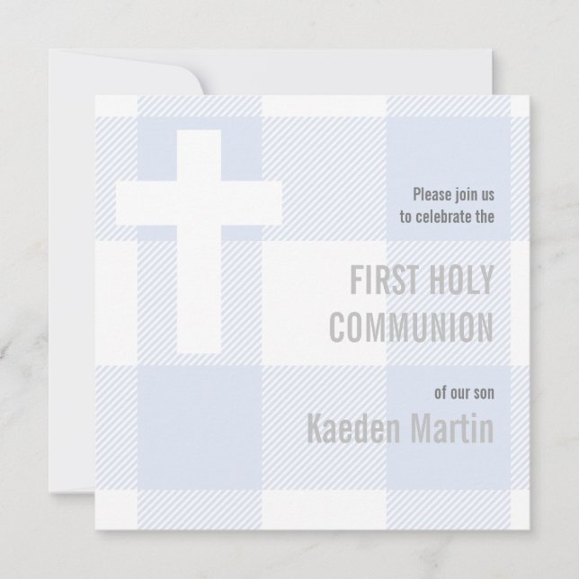 First Communion Cross Rustic Blue Buffalo Plaid (Front)