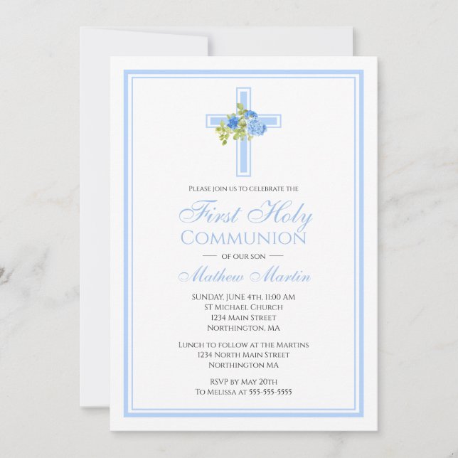 First Communion Cross with Blue Roses Christian Invitation (Front)