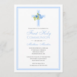 First Communion Cross with Blue Roses Christian Invitation