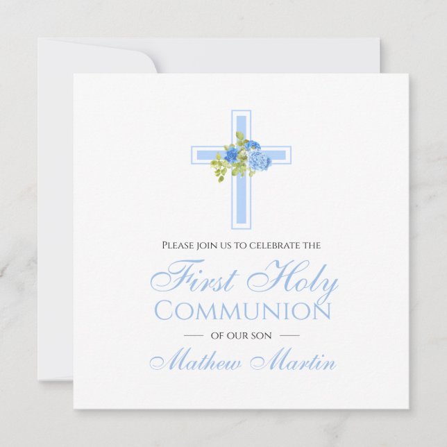 First Communion Cross with Blue Roses Square Invitation (Front)