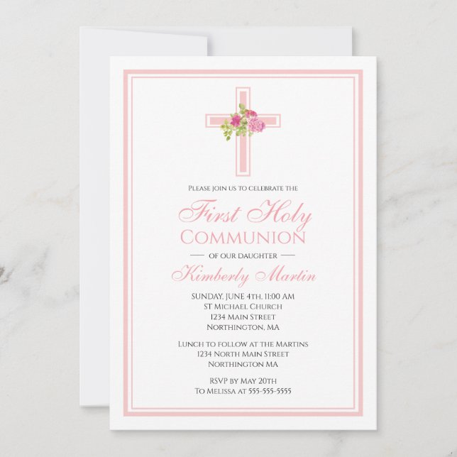 First Communion Cross with Pink Roses Christian Invitation (Front)