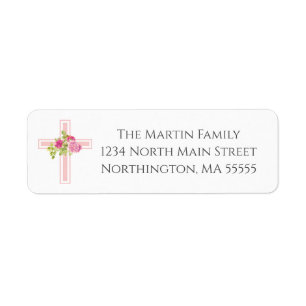 First Communion Cross with Pink Roses Return Address Label