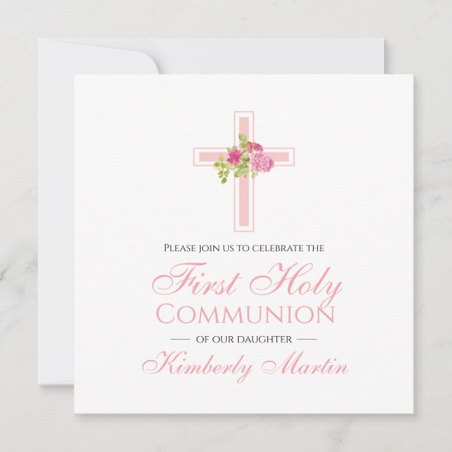 First Communion Cross with Pink Roses Square Invitation (Front)