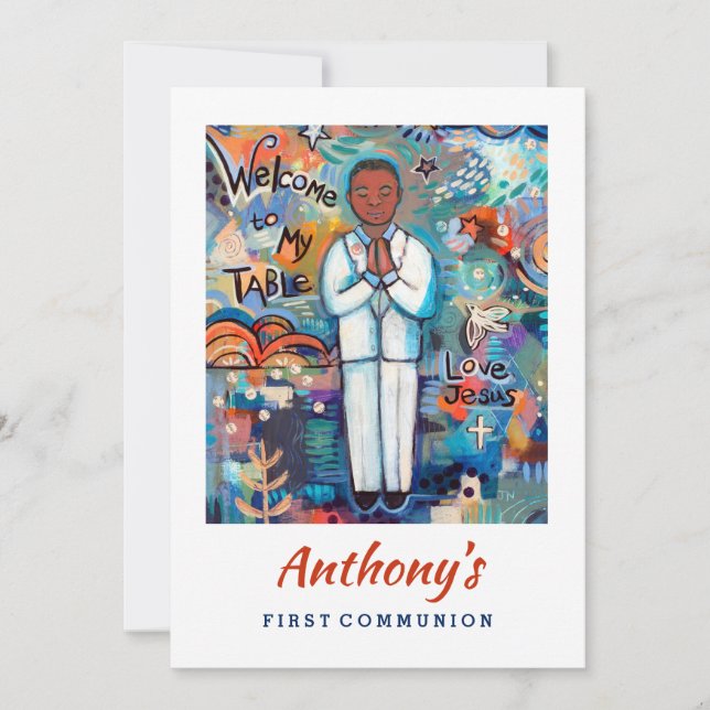 First Communion Custom Invite for Black Boy (Front)