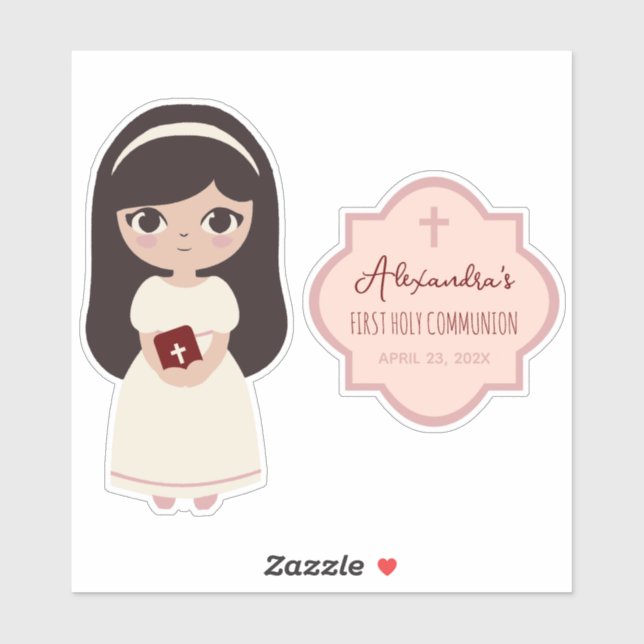 First Communion Cute Brunette Girl in White Dress (Sheet)