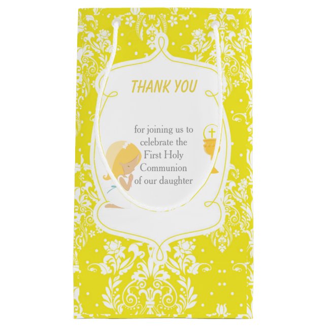 First Communion Damask Blonde Girl Thank You Small Gift Bag (Front)