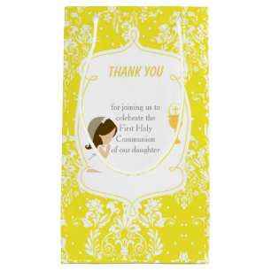 First Communion Damask Brunette Girl Thank You Small Gift Bag
