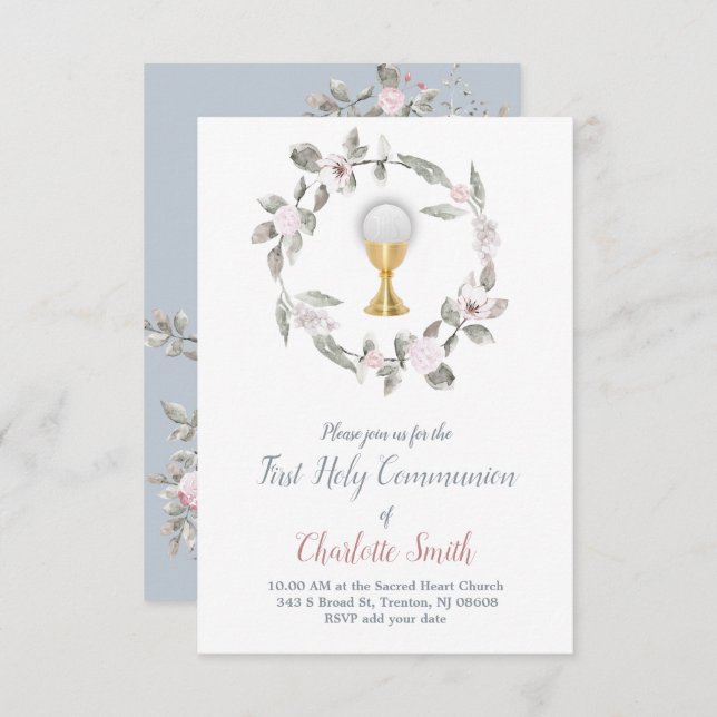 first communion delicate floral watercolor invitation (Front/Back)
