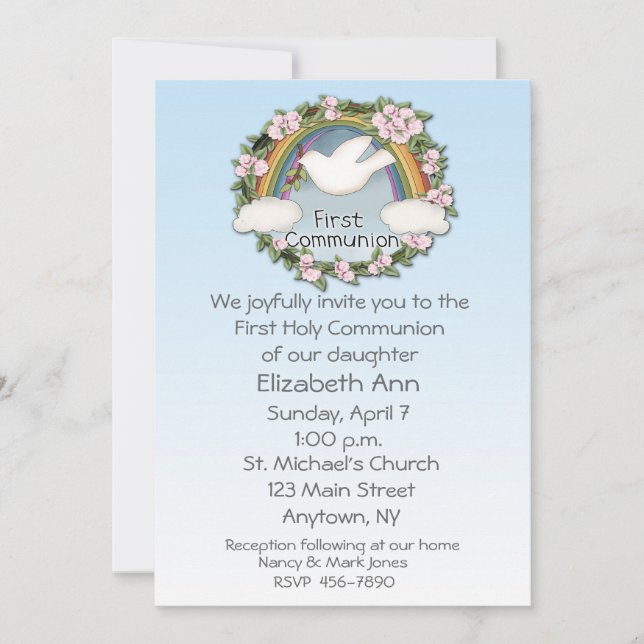 First Communion Dove Rainbow Invitation (Front)