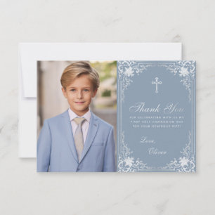 First Communion Dusty Blue Boy Photo Vintage Cross Thank You Card