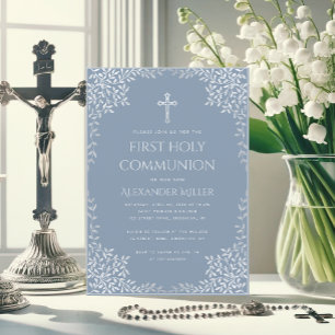 First Communion Dusty Blue Elegant Silver Leaves  Invitation