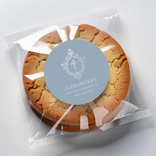 First Communion Dusty Blue Faux Silver Crest Boy Classic Round Sticker