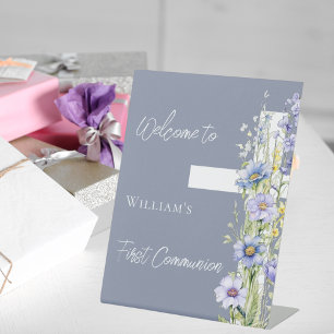 First Communion dusty blue floral cross welcome Pedestal Sign