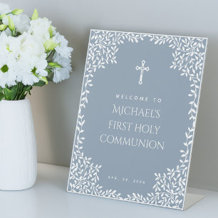 First Communion Dusty Blue White Leaves Welcome Pedestal Sign