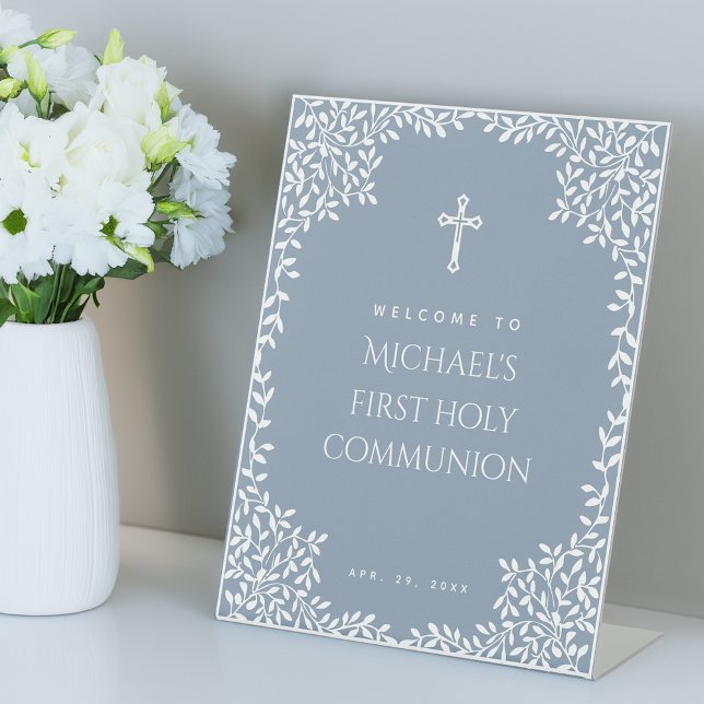 First Communion Dusty Blue White Leaves Welcome Pedestal Sign (Creator Uploaded)