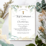 First Communion, Elegant Greenery and Watercolor Invitation<br><div class="desc">Elegant First Communion invitation with exquisite Eucalyptus greenery and watercolor stains. ideal for both, boy or girl First Communion. Modern elegant handwritten calligraphy details. Ability to add both ceremony/Sacrament and reception or brunch, lunch, dinner, reunion details. Back with beautiful watercolor background. Part of our "Elegant Greenery Eucalyptus Wedding and Events"...</div>