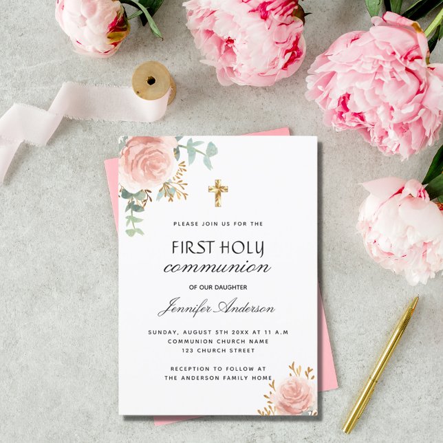 First communion eucalyptus blush floral invitation (Creator Uploaded)