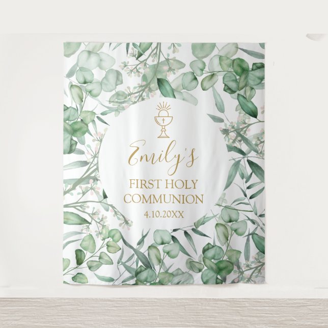 First Communion Eucalyptus greenery backdrop banne Tapestry (Front)