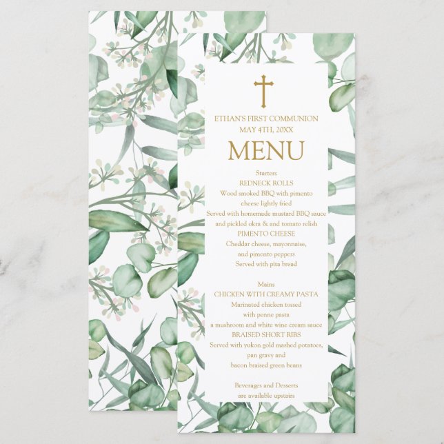 First Communion Eucalyptus leaves Menu (Front/Back)