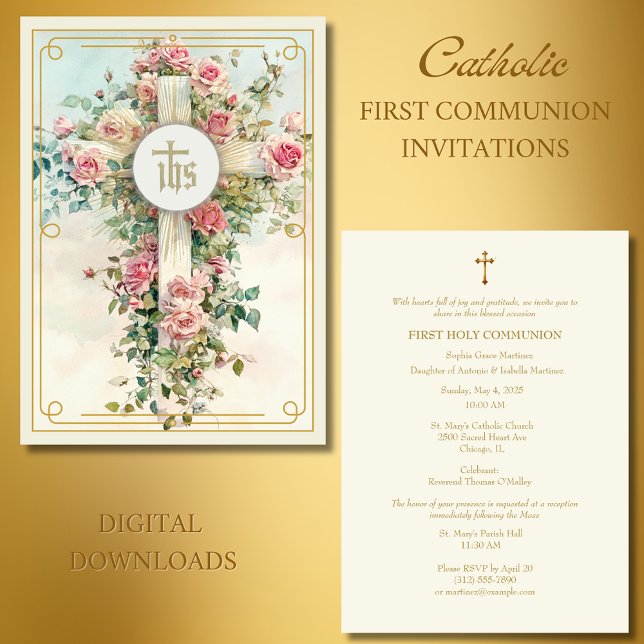 First Communion Eucharist Pink Floral Cross Invitation (Creator Uploaded)